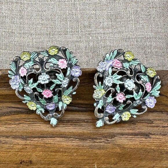 Vintage Silver Filigree Painted Flowers Heart Clip-on Earrings Puffy 1 3/8 - Picture 2 of 13
